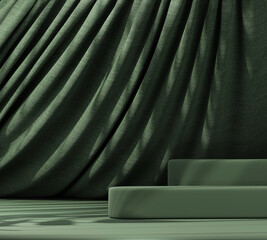 Dark green podium with green flying fabric, cloth background