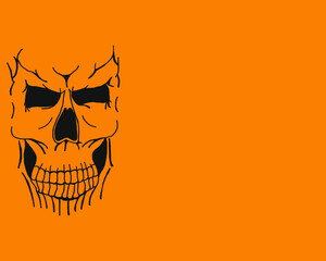 Scary black skull on orange background with copy space. Halloween flyer concept. Halloween background with cranium and copy space.