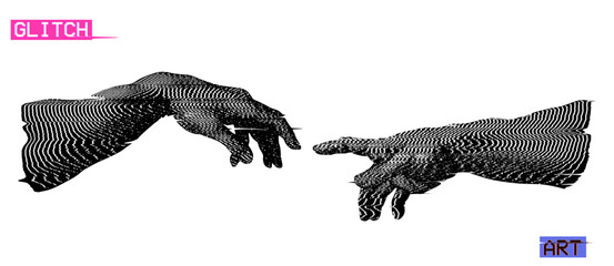 Vector black and white oscilloscope illustration of hands reaching isolated on white background. - obrazy, fototapety, plakaty