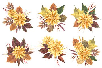 Naklejka na ściany i meble Watercolor autumn floral bouquets set. Arrangements with fall maple, rowan, grape leaf and chrysanthemum flower. Botanical illustration for design thanksgiving card, invitation. Isolated.