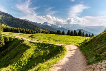 Obraz premium A popular trail near the famous tourist site Kok Zhailau. Mountain Almaty amazing landscape.