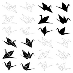 Set of origami crane vector outline, silhouette and dashed illustration icon isolated on white background. Japanese traditional origami crane for infographic, website or app.