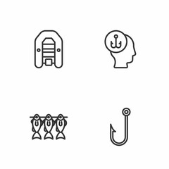 Set line Fishing hook, Dried fish, Inflatable boat with motor and Fisherman icon. Vector