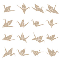 Set of origami crane vector silhouette illustration icon isolated on white background. Japanese traditional origami crane for infographic, website or app. Geometric line shape for art of folded paper.