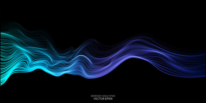 Vector wave lines smooth flowing dynamic blue green gradient light isolated on black background for concept of technology, digital, communication, science, music