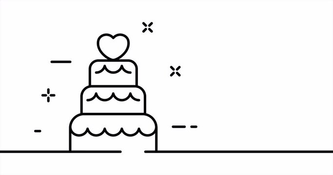 The wedding cake with a heart. Dessert, sweet, tasty, marriage, party. Relationship concept. One line drawing animation. Motion design. Animated technology logo. Video 4K
