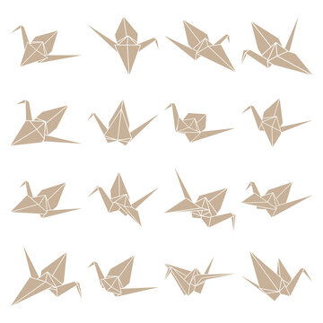 Set of origami crane vector silhouette illustration icon isolated on white background. Japanese traditional origami crane for infographic, website or app. Geometric line shape for art of folded paper.