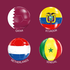 Fototapeta premium Soccer balls with the colors of national flags:Qatar, Ecuador, Senegal, the Netherlands.The football Championship 2022 in Qatar.