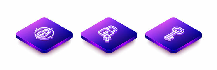 Set Isometric line Lock, and Old key icon. Vector