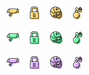 Set line Shield with world globe, Security camera, Lock and Bomb icon. Vector