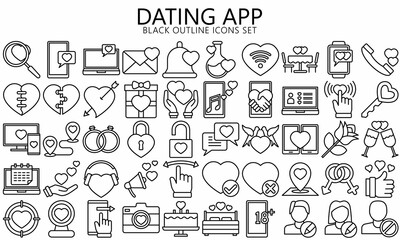 Dating app icons set. include like, dislike, boost, message, profile, edit info, filter, search, age range, location, gender, swipe and more.  Used for modern concepts, web, UI, UX kit, Vector EPS 10.