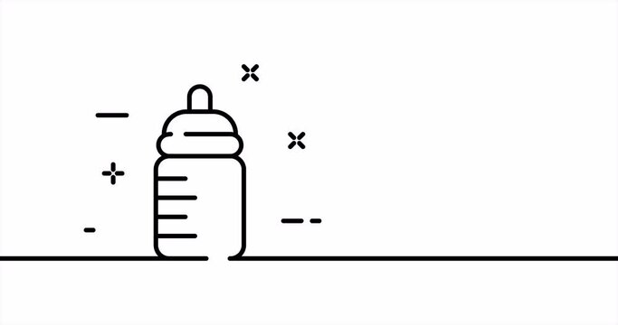 Baby bottle with pacifier. Feed, bring up, raise, take care, water, food fusion for kids, newborn. Children concept. One line drawing animation. Motion design. Animated technology logo. Video 4K
