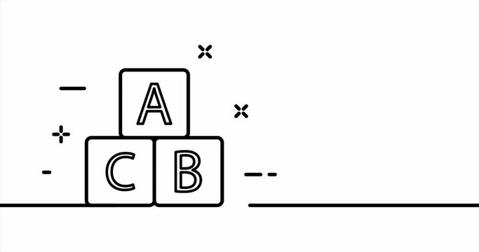 Childrens cubes with alphabet. ABC, play games, build towers, box of bricks, kids, child. Toys concept. One line drawing animation. Motion design. Animated technology logo. Video 4K