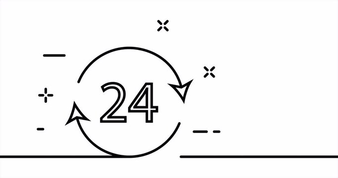 Around the clock. 24 hours with circular arrows. Work, hotline, support service. Business concept. One line drawing animation. Motion design. Animated technology logo. Video 4K