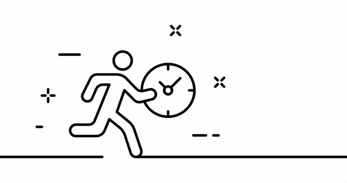 Running man with wall clock. Lack of time, keep track, management, hurry, haste. Business concept. One line drawing animation. Motion design. Animated technology logo. Video 4K