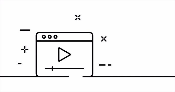 Watch video online. Video hosting, web site window, user, search, play and pause button. Internet concept. One line drawing animation. Motion design. Animated technology logo. Video 4K