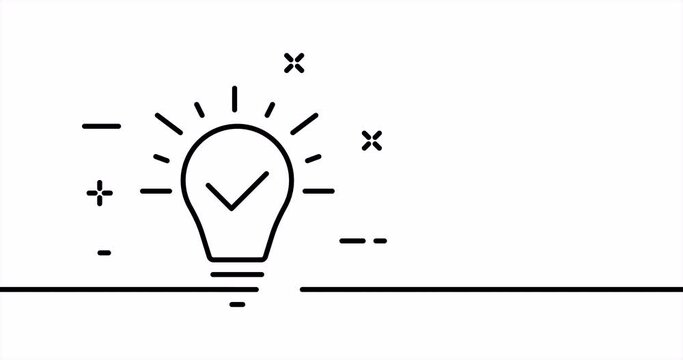 Creative idea. Light bulb with check mark, thought, good, work, job, invent, invention. Thinking concept. One line drawing animation. Motion design. Animated technology logo. Video 4K