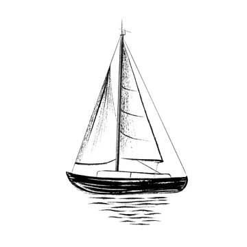 Sailing boat at sea. Abstract minimalistic style. Hand drawn in black ink, brush and paint texture. 