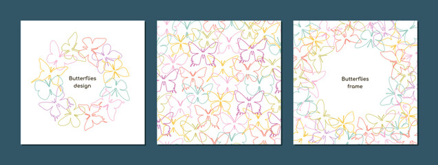 Postcard set. Butterflies Colored contour line on a light background. Circle, frame and seamless pattern
