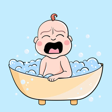 cry angry baby bathing with foam and bubbles. Vector illustration
