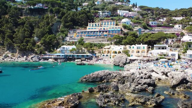 Beautiful coastline in Marina Piccola beach, Capri. Aerial view from drone