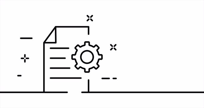 Document with gear. Settings file, configuration, control, tune, fix, sheet of paper, information, data. Business concept. One line drawing animation. Motion design. Animated technology logo. Video 4K
