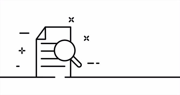 File with magnifier. Search, research, look for, information, data, information, secretary. Business concept. One line drawing animation. Motion design. Animated technology logo. Video 4K