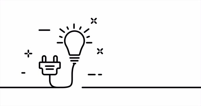 Light bulb with a plug. Electrical wiring, wire, lighting, lamp, home, office, energy, charge, socket. Electricity concept. One line drawing animation. Animated technology logo. Video 4K
