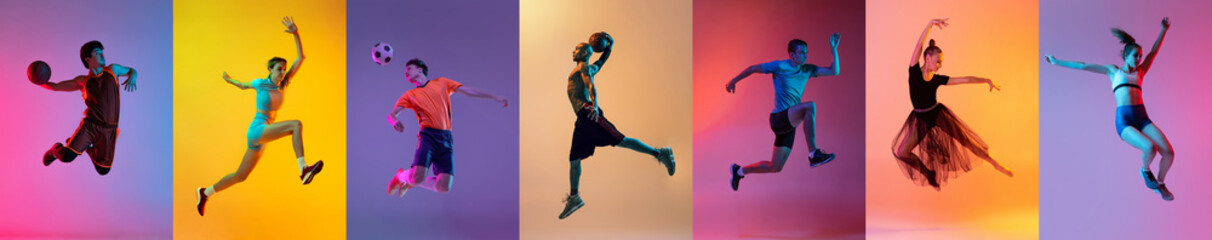 Sport collage of professional athletes posing isolated on gradient multicolored background in neon. Concept of motion, action, active lifestyle, achievements, challenges