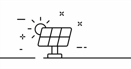 Solar battery with sun. Renewable source of energy, produce electricity, green energy, clean environment. Ecology concept. One line drawing animation. Motion design. Animated technology logo. Video 4K
