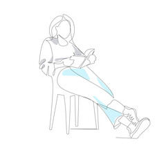 Vector illustration of a girl reading a book drawn in line art style