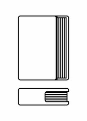 Illustration of a textbook in various positions. Set of books with front view and side view. Black and white graphics in geometric style. Books with many pages. Book icons in cartoon style