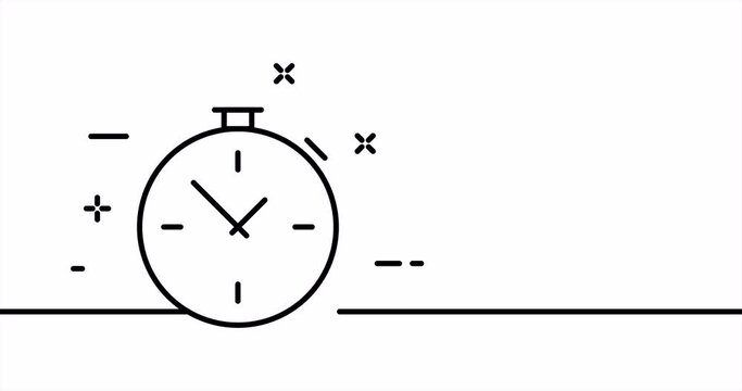Stopwatch with two hands. Time management, schedule, seconds, table, work. Keep track of time concept. One line drawing animation. Motion design. Animated technology logo. Video 4K