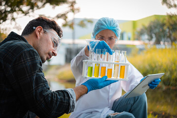 Scientists team collect water samples for analysis and research on water quality, environment with...
