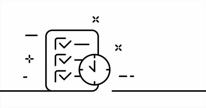 Check list with a clock. Checkmarks, to do list, employee, work, perform tasks, goal, achievement. Business concept. One line drawing animation. Motion design. Animated technology logo. Video 4K