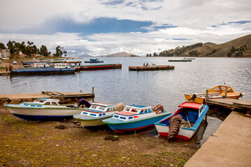 Fototapeta na wymiar Copacabana, Bolivia. Boats on the lake