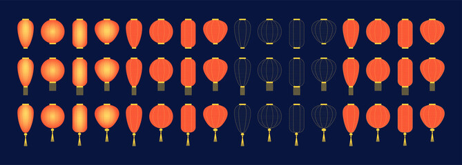 Chinese lanterns design elements collection, isolated. Vector illustration. Line drawing and flat. Traditional Asian holiday clipart, for Mid Autumn Festival, Chinese New Year card, poster, banner © Maria Skrigan