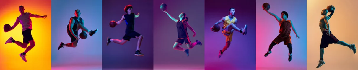 Poster Sportcollage van beelden van professionele basketbalspeler in actie geïsoleerd op een veelkleurige achtergrond met kleurovergang in neon. Concept van beweging, actie, prestaties, uitdagingen © master1305
