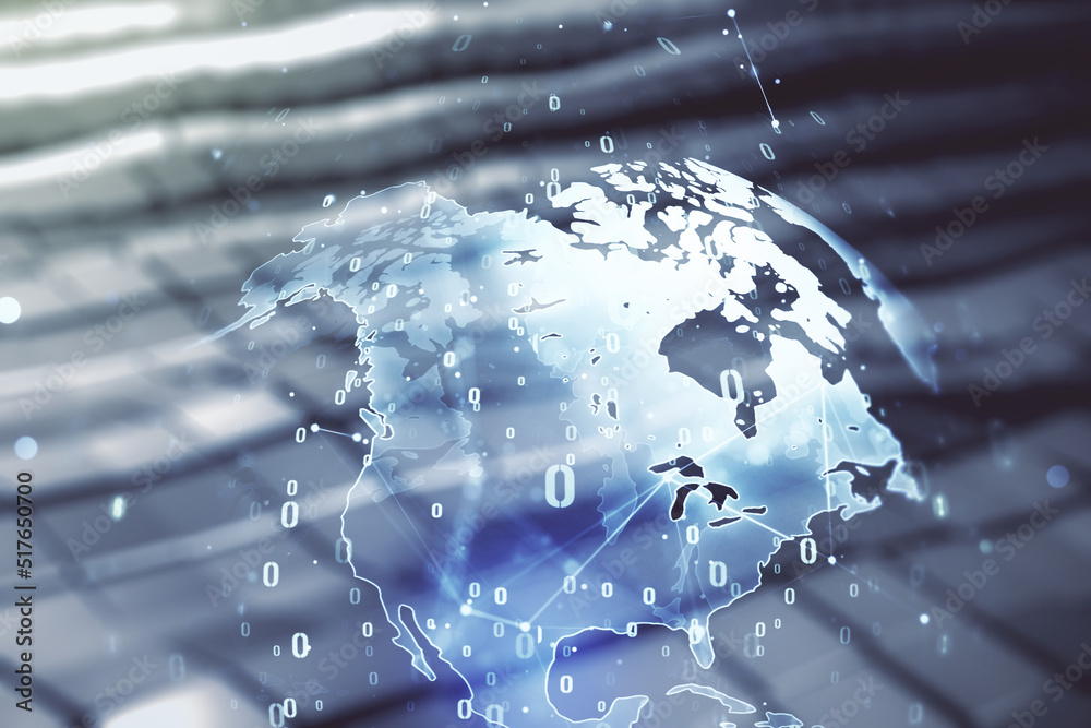 Aufkleber multi exposure of abstract software development hologram and world map on blurry metal background, g