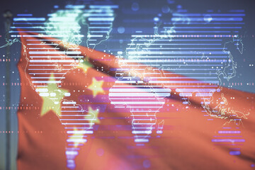Multi exposure of abstract creative digital world map hologram on Chinese flag and blue sky background, research and analytics concept