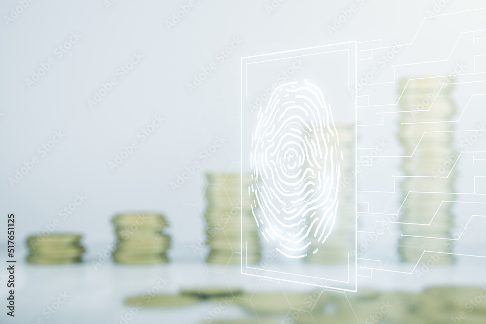Poster Double exposure of virtual creative fingerprint hologram on growing stacks of coins background, research and development concept