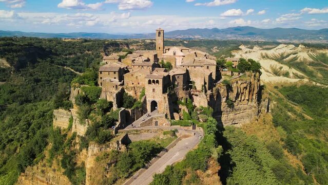 Amazing aerial view of Civita di Bagnoregio landscape in summer season, Italy. This is a famous medieval italian town