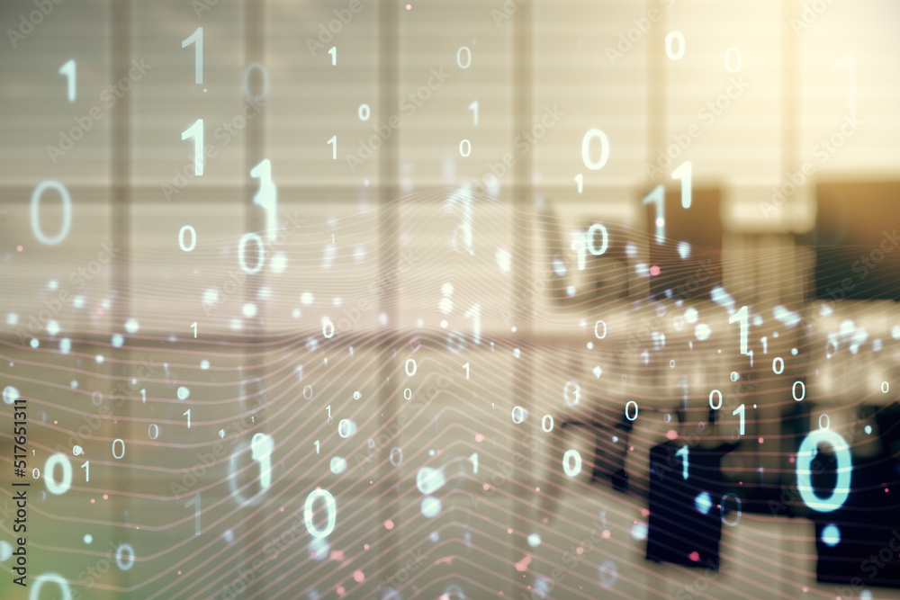 Aufkleber Abstract virtual binary code hologram on a modern coworking room background, AI and machine learning concept. Multiexposure