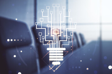 Virtual creative light bulb illustration with microcircuit on a modern coworking room background,...