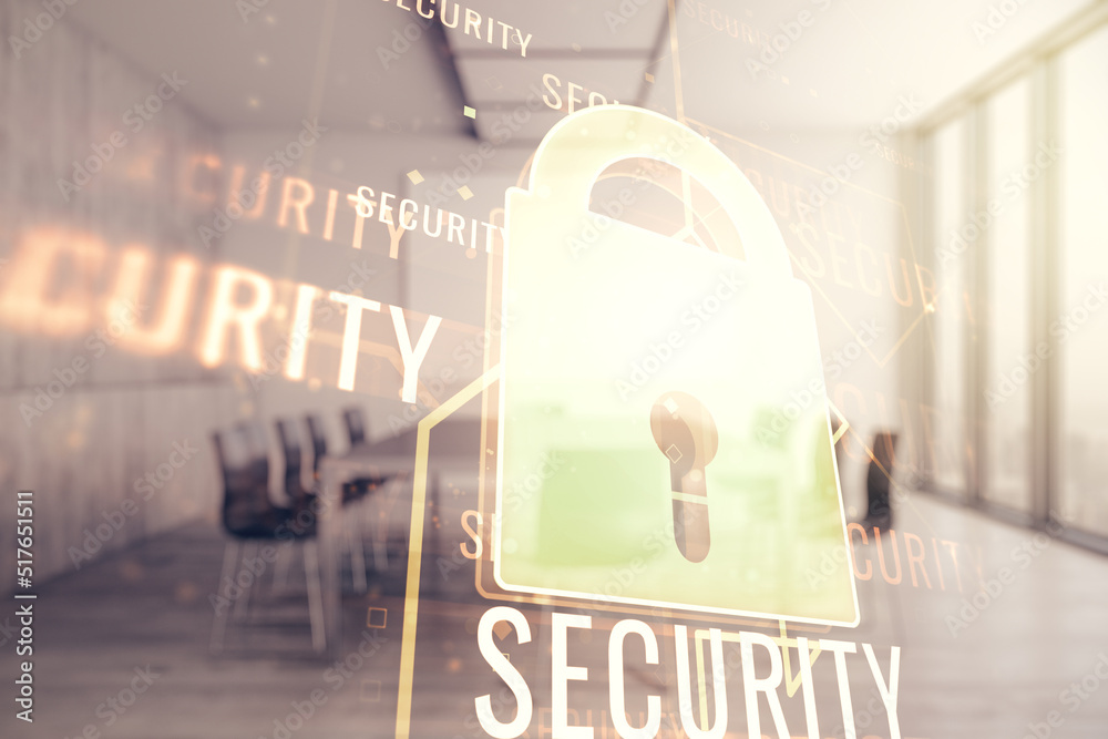 Poster double exposure of virtual creative lock hologram with chip on a modern meeting room background. inf