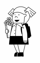 First grader with a backpack ready for school. A student with a bouquet of flowers for the teacher. Black and white drawing in flat cartoon style. Cute character for school illustration.