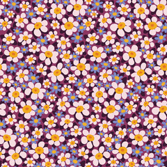 Seamless floral pattern, liberty ditsy print with cute chamomile field. Pretty botanical background with small hand drawn flowers, leaves in purple. Vector illustration.
