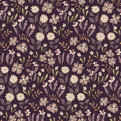 Seamless floral pattern with dark ornate meadow in purple colors. Cute ditsy print, beautiful botanical background with decorative hand drawn plants, wild flowers, small leaves, herbs. Vector.