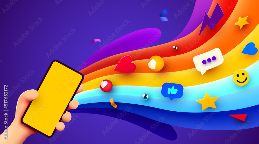 Wall mural Hand holding phone. Phone mockup. Color explosion. Bright poster