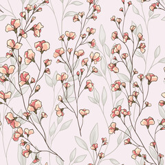 Seamless pattern, romantic floral print with blooming branches. Gentle botanical background design with hand drawn plants, small pink flowers, leaves on thin twigs. Vector.